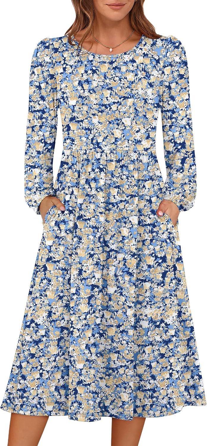 ANRABESS Women Long Sleeve Casual Fall Midi Dress Lightweight with Pockets | Crewneck Flowy A-Line Long Dresses, Comfy Soft, Church Floral Vacation Outfits, Fashion Transition, Winter Layering Clothes