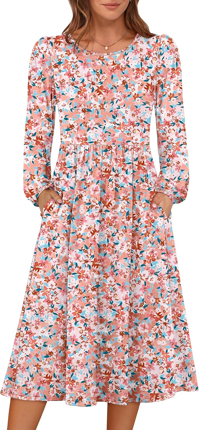 ANRABESS Women Long Sleeve Casual Fall Midi Dress Lightweight with Pockets | Crewneck Flowy A-Line Long Dresses, Comfy Soft, Church Floral Vacation Outfits, Fashion Transition, Winter Layering Clothes