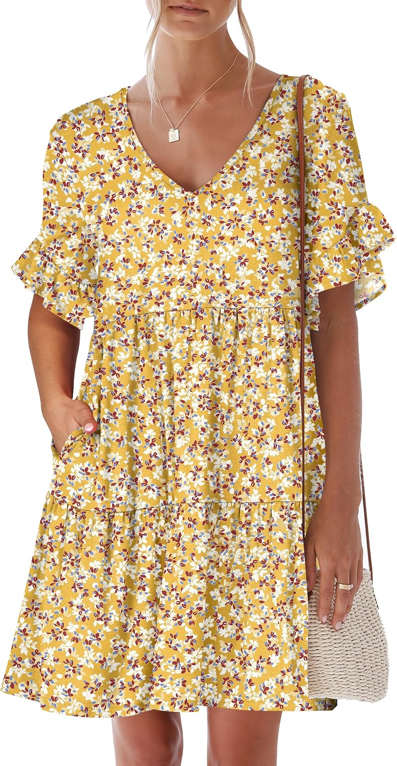 ANRABESS Dresses for Women Summer 2026 V Neck Ruffle Sleeve A Line Tiered Flowy Casual Trendy Mini Beach Dress with Pockets