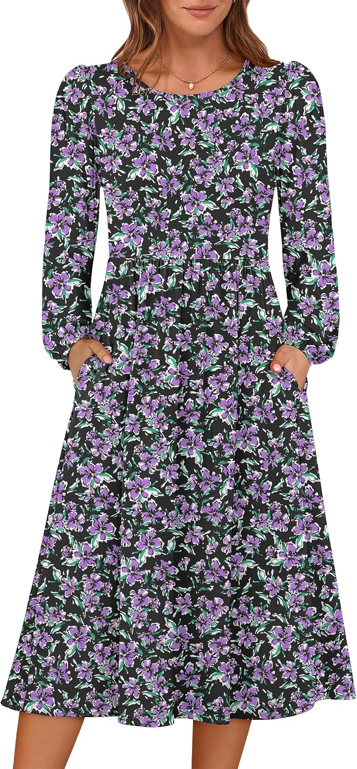 ANRABESS Women Long Sleeve Casual Fall Midi Dress Lightweight with Pockets | Crewneck Flowy A-Line Long Dresses, Comfy Soft, Church Floral Vacation Outfits, Fashion Transition, Winter Layering Clothes