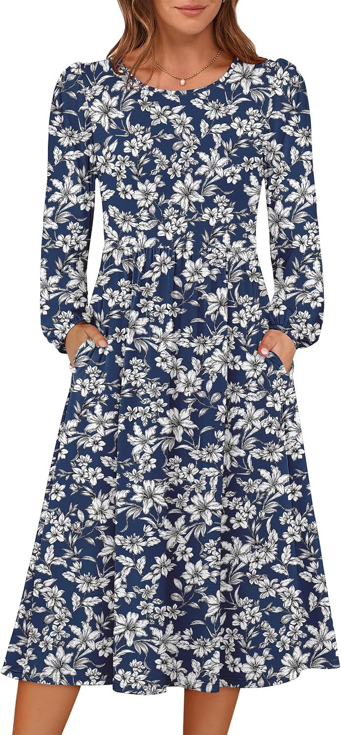 ANRABESS Women Long Sleeve Casual Fall Midi Dress Lightweight with Pockets | Crewneck Flowy A-Line Long Dresses, Comfy Soft, Church Floral Vacation Outfits, Fashion Transition, Winter Layering Clothes
