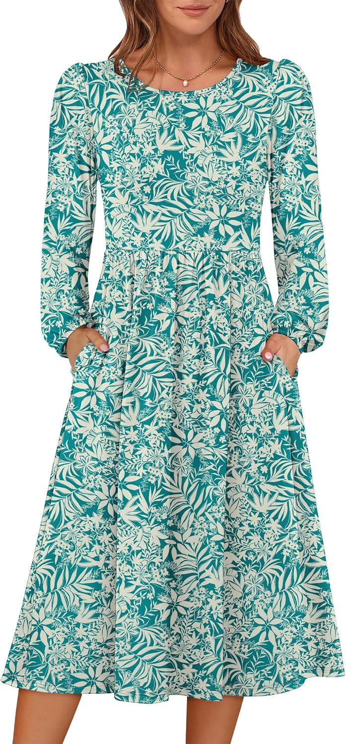 ANRABESS Women Long Sleeve Casual Fall Midi Dress Lightweight with Pockets | Crewneck Flowy A-Line Long Dresses, Comfy Soft, Church Floral Vacation Outfits, Fashion Transition, Winter Layering Clothes