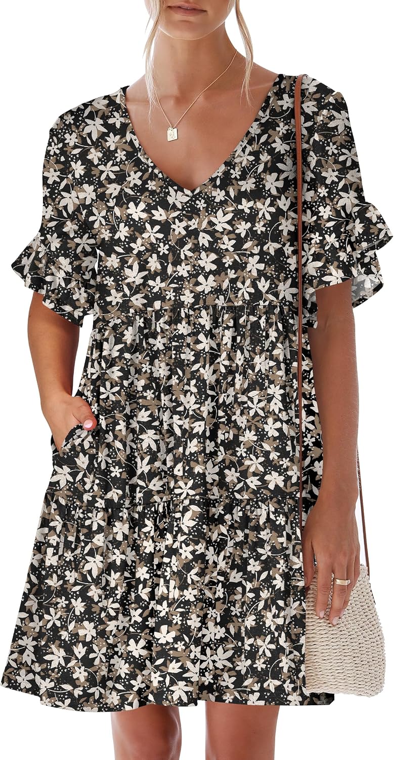 ANRABESS Dresses for Women Summer 2026 V Neck Ruffle Sleeve A Line Tiered Flowy Casual Trendy Mini Beach Dress with Pockets