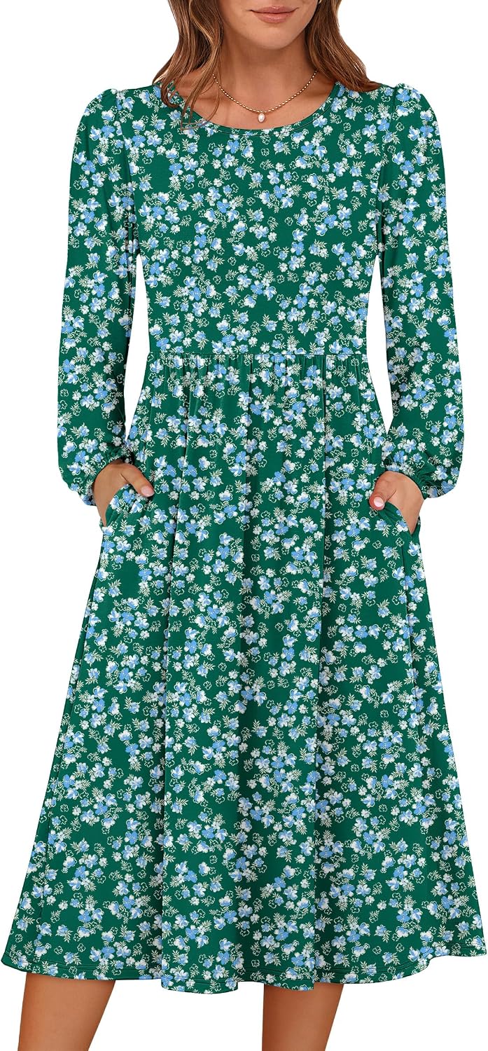 ANRABESS Women Long Sleeve Casual Fall Midi Dress Lightweight with Pockets | Crewneck Flowy A-Line Long Dresses, Comfy Soft, Church Floral Vacation Outfits, Fashion Transition, Winter Layering Clothes