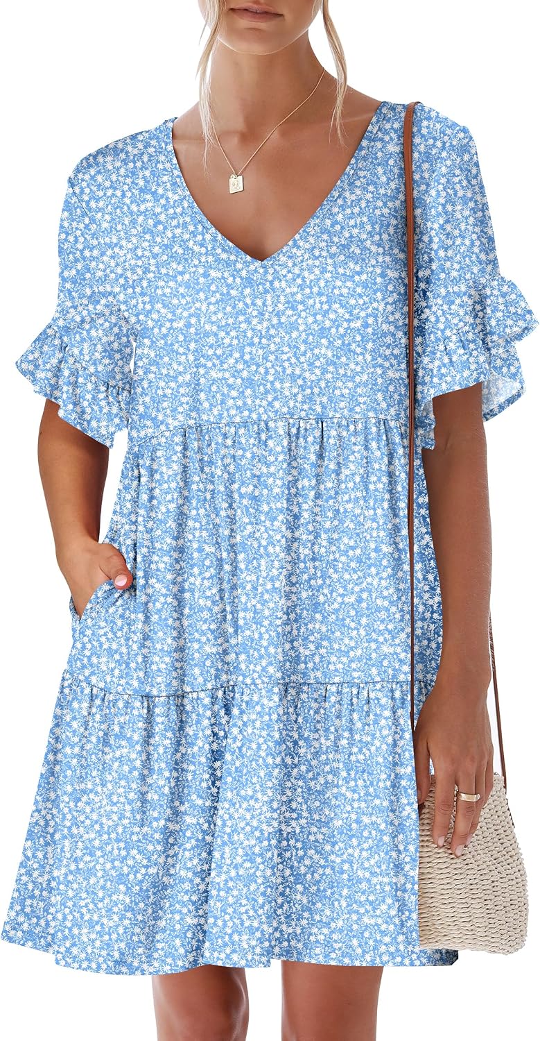 ANRABESS Dresses for Women Summer 2026 V Neck Ruffle Sleeve A Line Tiered Flowy Casual Trendy Mini Beach Dress with Pockets