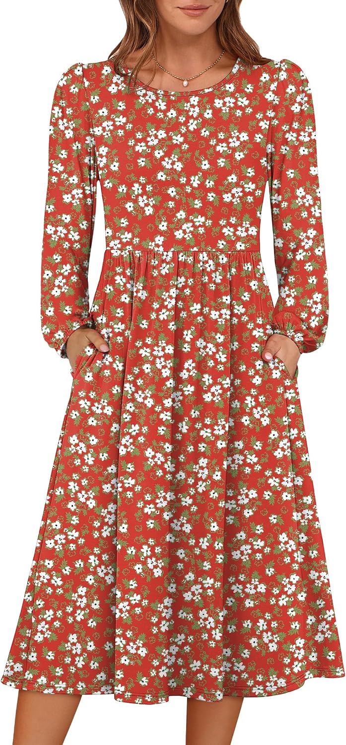 ANRABESS Women Long Sleeve Casual Fall Midi Dress Lightweight with Pockets | Crewneck Flowy A-Line Long Dresses, Comfy Soft, Church Floral Vacation Outfits, Fashion Transition, Winter Layering Clothes