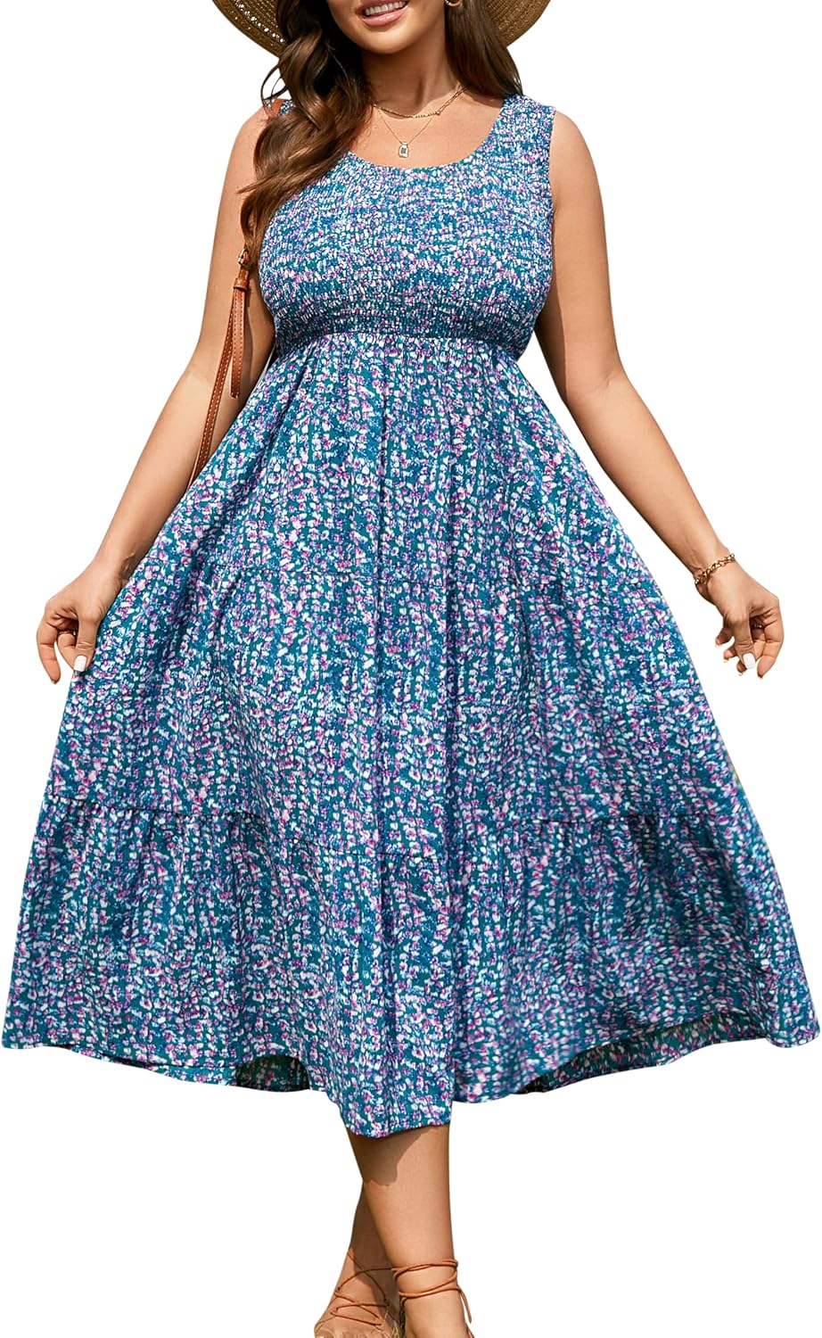 RWJ Plus Size Summer Sleeveless Tank Dress for Women Smocked Midi Sundress | Casual Loose Fit, Tiered Long Dresses, Beach Vacation, Holiday, Wedding Guest, Cocktail Party, Resort, Music Festival, Date
