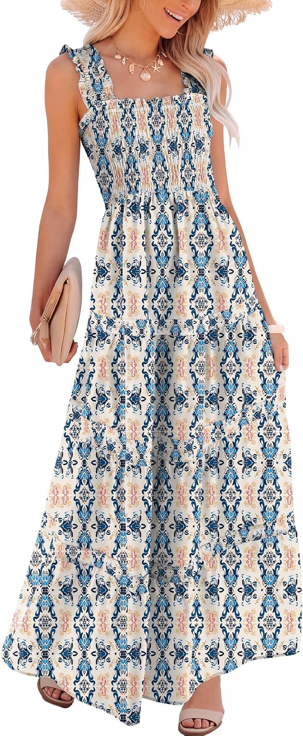 Caracilia Womens Summer Maxi Dresses Floral Smocked Boho Sundress | Sleeveless Ruffle Straps, Square Neck, Tiered Aline Flowy Casual Long Dress, Beach Vacation Outfits