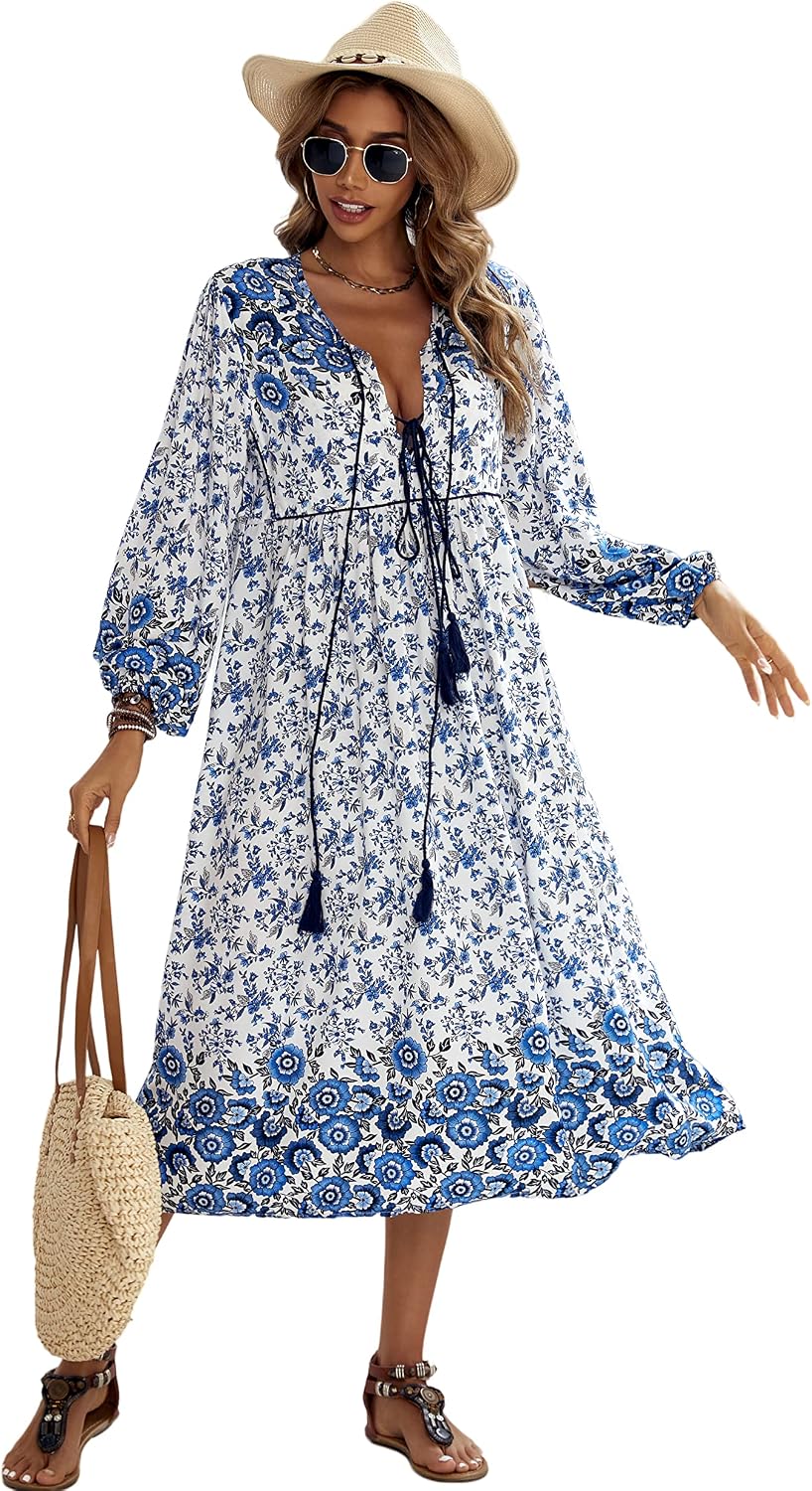 R.Vivimos Women's Long Sleeve Casual Boho Floral Midi Dresses | Retro V Neck, Tassel Tie, Beach Vacation Outfits, Resort Wear