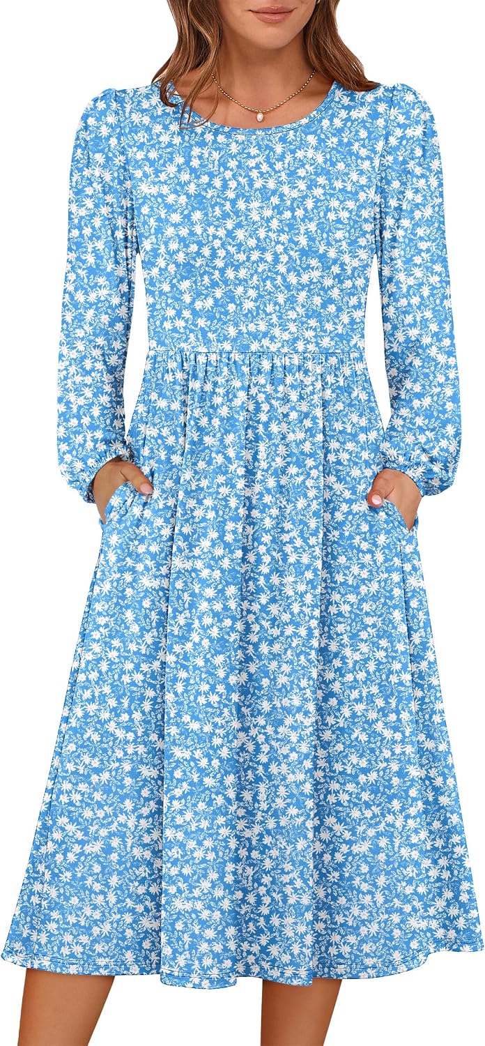 ANRABESS Women Long Sleeve Casual Fall Midi Dress Lightweight with Pockets | Crewneck Flowy A-Line Long Dresses, Comfy Soft, Church Floral Vacation Outfits, Fashion Transition, Winter Layering Clothes