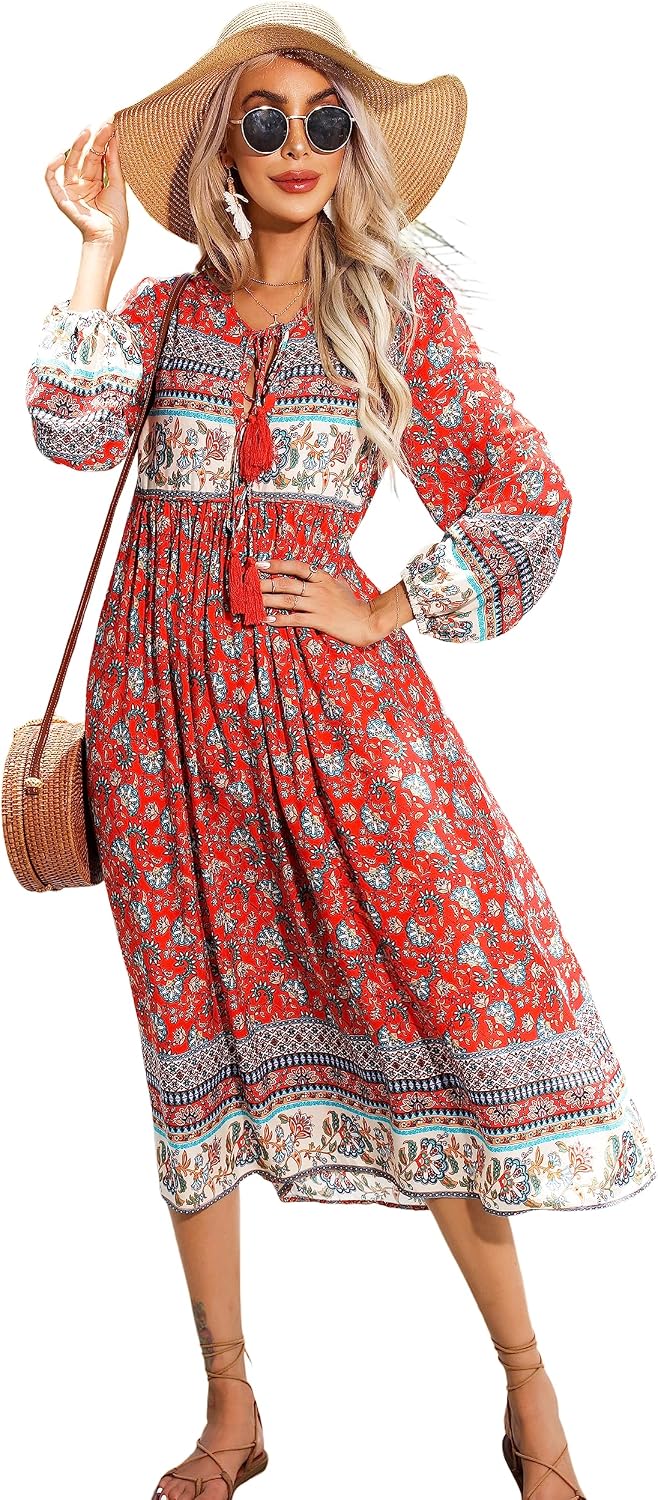 R.Vivimos Women's Long Sleeve Casual Boho Floral Midi Dresses | Retro V Neck, Tassel Tie, Beach Vacation Outfits, Resort Wear