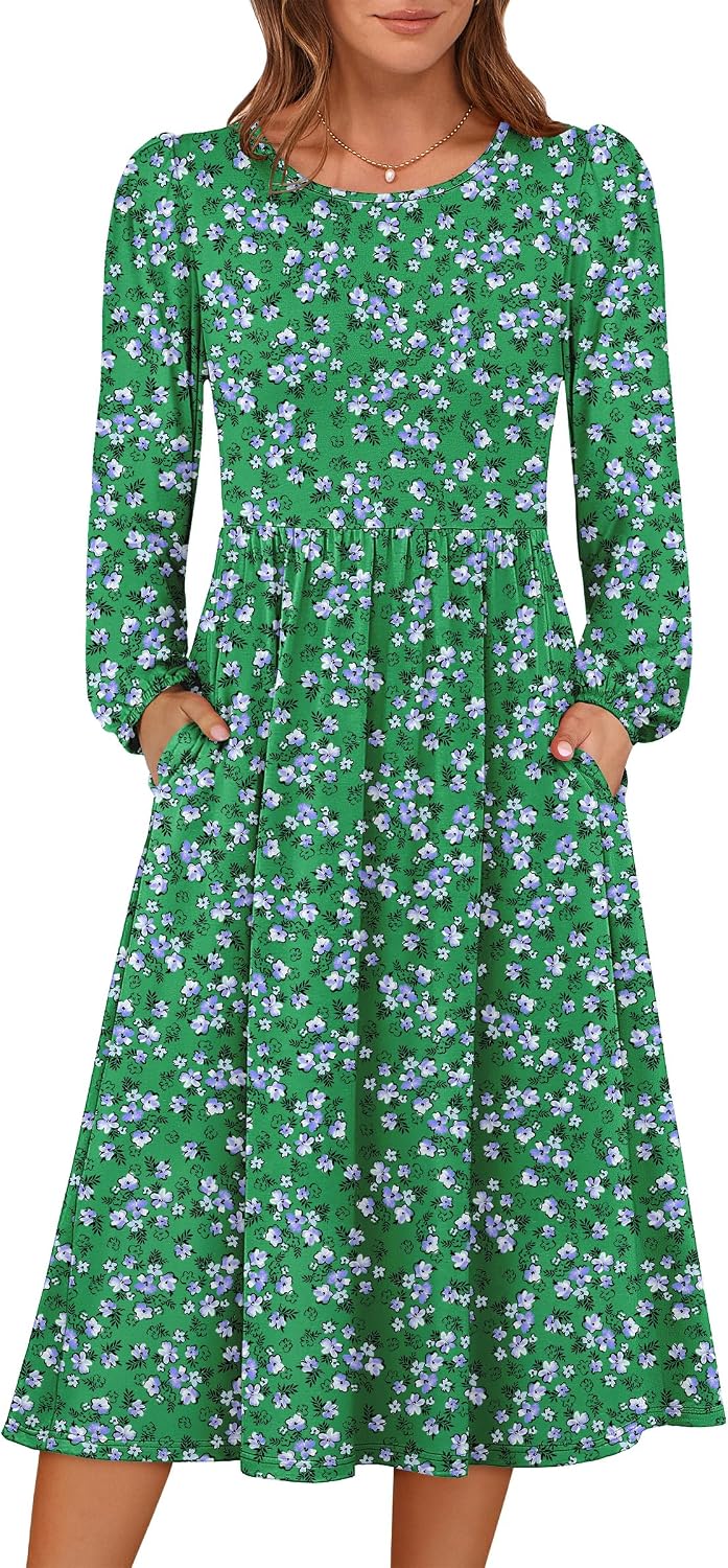 ANRABESS Women Long Sleeve Casual Fall Midi Dress Lightweight with Pockets | Crewneck Flowy A-Line Long Dresses, Comfy Soft, Church Floral Vacation Outfits, Fashion Transition, Winter Layering Clothes
