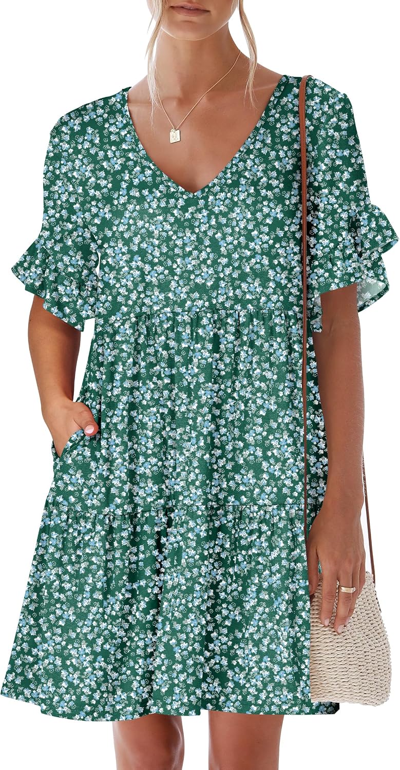 ANRABESS Dresses for Women Summer 2026 V Neck Ruffle Sleeve A Line Tiered Flowy Casual Trendy Mini Beach Dress with Pockets